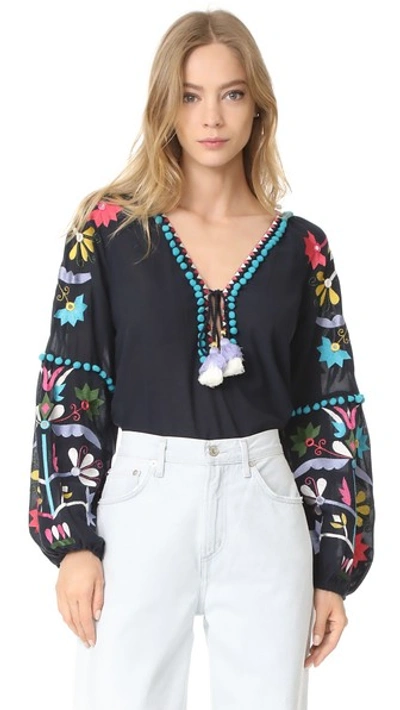 Figue 'victoria' Pompom Floral Embroidered Tunic In Midnight Navy