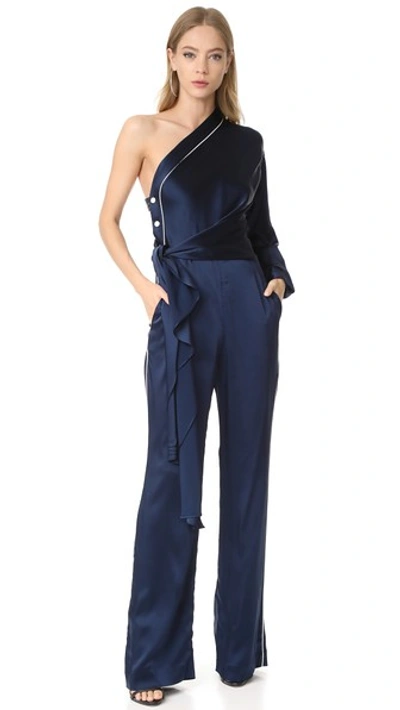 Jonathan Simkhai Asymmetric-drape One-shoulder Satin Jumpsuit In Blue
