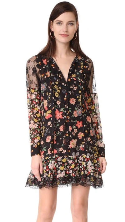 Red Valentino Split-neck Long-sleeve Floral-print Ruffle Lace Dress In Black
