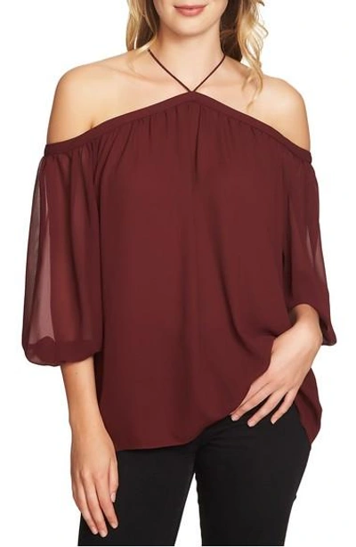 Shop 1.state Off The Shoulder Sheer Chiffon Blouse In Deep Claret