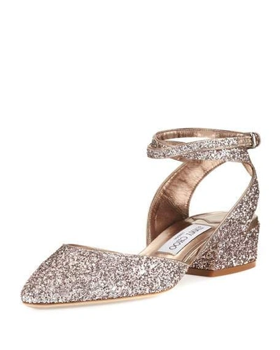 Jimmy Choo Vicky Glitter Ankle-wrap Ballerina Flat, Tea Rose In Chai/chai