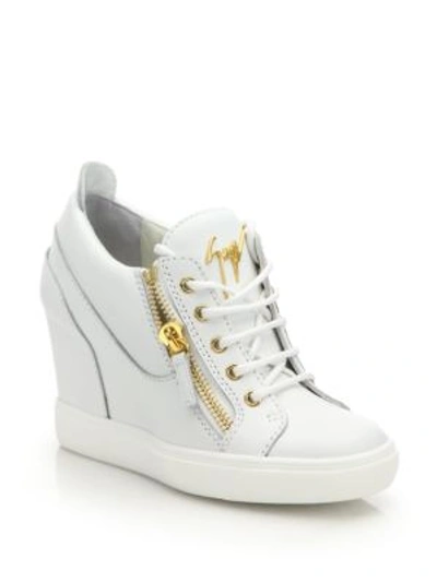 Shop Giuseppe Zanotti Leather High-top Zip Wedge Sneakers In White