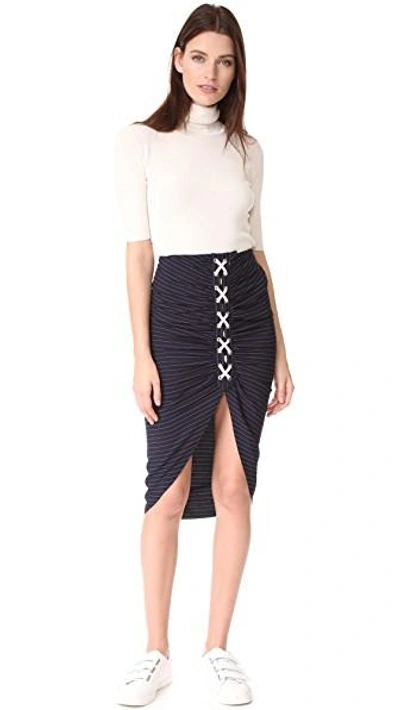 Shop Veronica Beard Marlow Lace Up Ruched Skirt In Navy/white