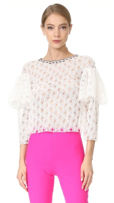 Monique Lhuillier Ruffle-sleeve Lace Top, White In Silk White