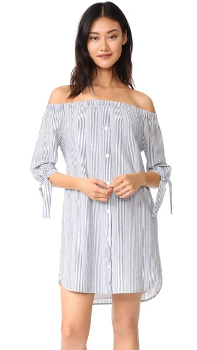 Madewell Striped Off Shoulder Shirtdress In Dark Chambray