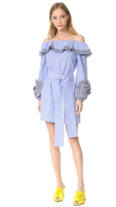 Alexis Miquela Belted Gingham Cotton Dress In Blue | ModeSens