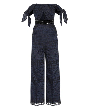 Shop Self-portrait Tie Detail Guipure Lace Jumpsuit In Blue