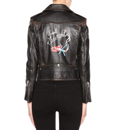 Shop Saint Laurent Printed Leather Moto Jacket In Black