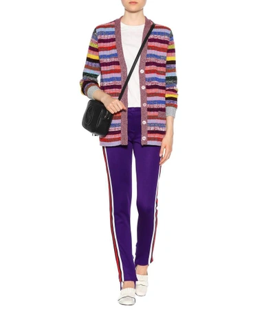 Shop Gucci Tiger Cards Reversible Striped Wool Cardigan In Rose