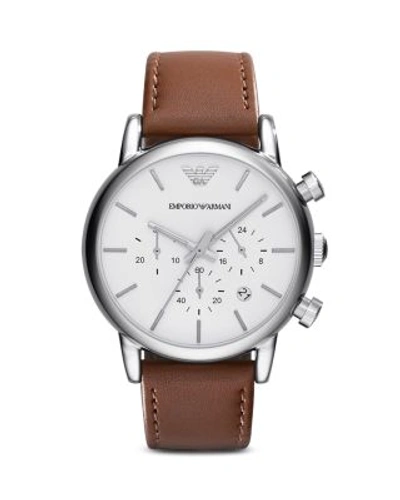 Shop Emporio Armani Quartz Chronograph Brown Leather Watch, 41 Mm In Silver/brown
