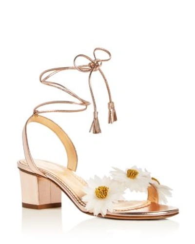 Shop Charlotte Olympia Olympia Tara Metallic Flower Embellished Ankle Tie Sandals In Rose Gold