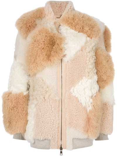 Chloé Oversized Patchwork Shearling And Alpaca Bomber Jacket In Beige