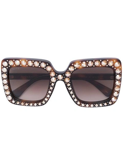 Shop Gucci Eyewear Crystals Applique Sunglasses - Brown