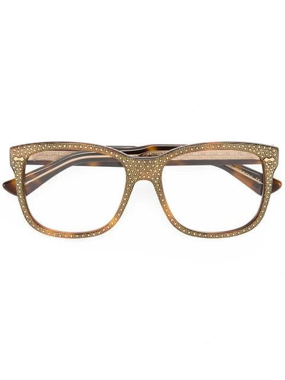Shop Gucci Square Frame Rhinestone Glasses In Brown