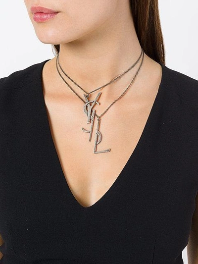 Shop Saint Laurent Layered Logo Necklace - Metallic