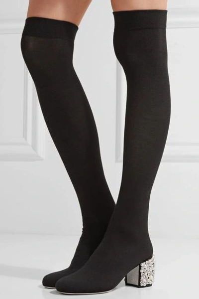 Shop René Caovilla Embellished Stretch-knit Over-the-knee Boots