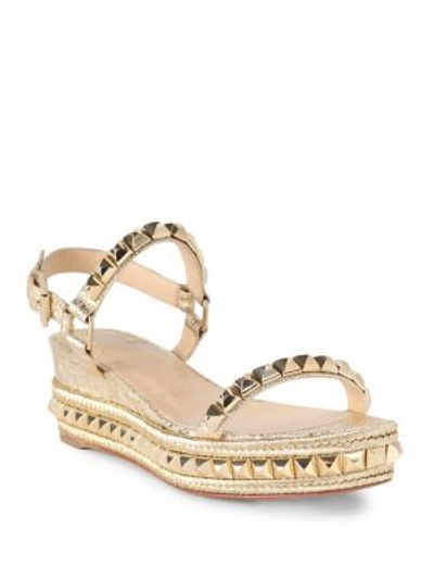 Shop Christian Louboutin Cataclou 60 Studded Metallic Leather Espadrille Wedge Sandals In Vers Platine-light Gold