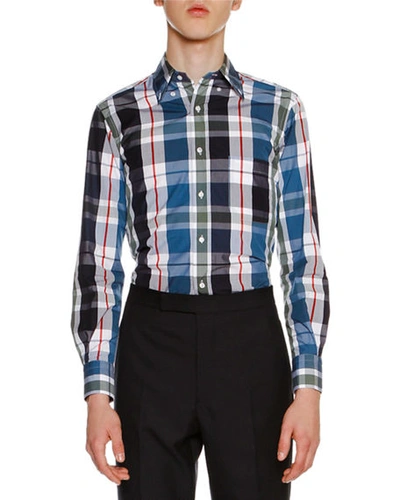 Thom Browne Long Sleeve Button Down Shirt In Large Red, Grey And Navy Check Poplin
