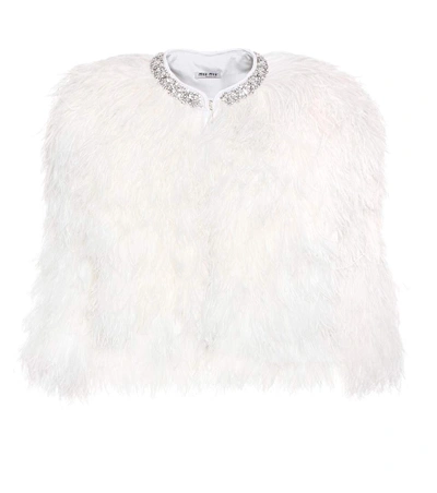 Miu Miu Cropped Crystal-embellished Feather Jacket In White