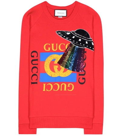 Shop Gucci Sequinned Printed Cotton Sweatshirt In Red