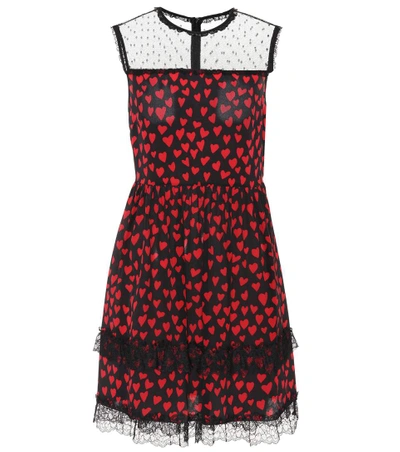 Red Valentino Heart Printed Silk Crepe De Chine Dress In Black