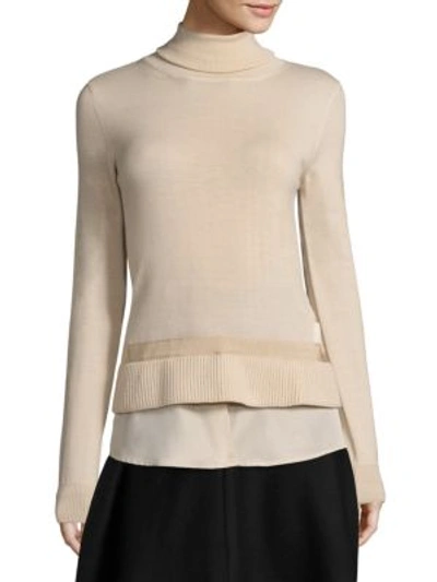 Moncler Turtleneck Shirttail Combo Knit Sweater, Ivory In Tan