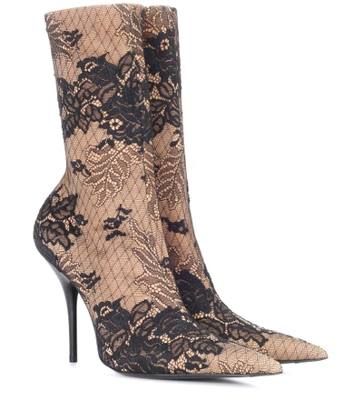 Balenciaga Knife Lace And Spandex Heeled Boots In Blk/beige