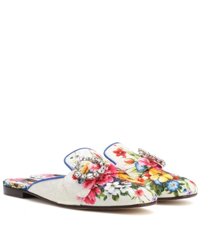Dolce & Gabbana Floral-print Corduroy Loafer Mule Flat, Multi In White/multi