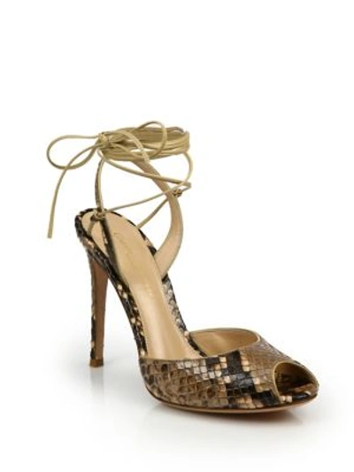 Gianvito Rossi Python-embossed Leather Peep Toe Ankle-wrap Sandals In Cookie
