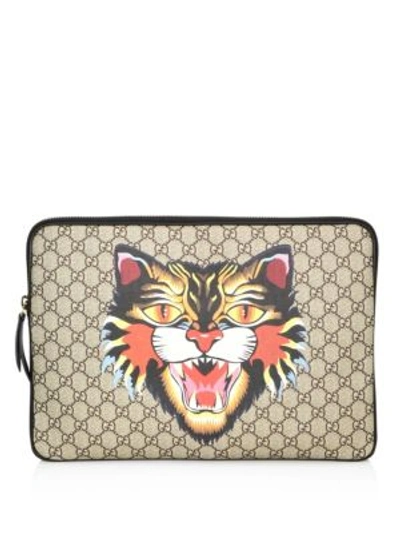 Gucci Angry Cat-print Gg Supreme Laptop Case In Beige-multi