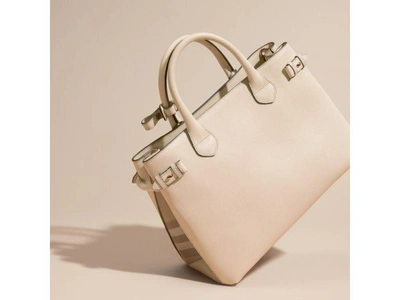 Shop Burberry The Medium Banner In Leather And House Check In Limestone