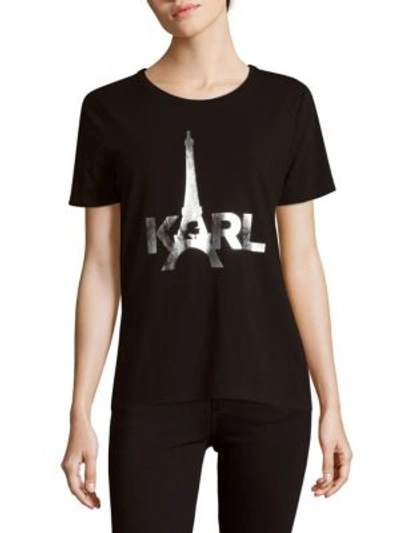 Karl Lagerfeld Front Graphic Tee In Black-silver