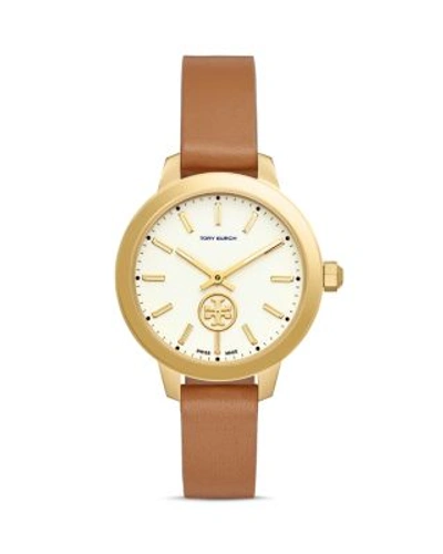 Shop Tory Burch Collins Leather Strap Watch, 38mm In Tan