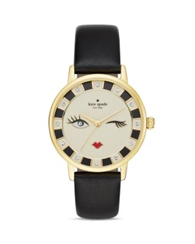 Kate Spade Metro Wink Black Leather Watch In White