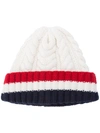 Thom Browne Aran Cable Hat With Red, White And Blue Hem Stripe In White Cashmere