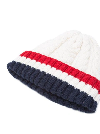 Shop Thom Browne Aran Cable Hat With Red, White And Blue Hem Stripe In White Cashmere