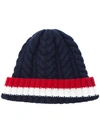 Thom Browne Aran Cable Hat With Red, White And Blue Hem Stripe In Navy Cashmere