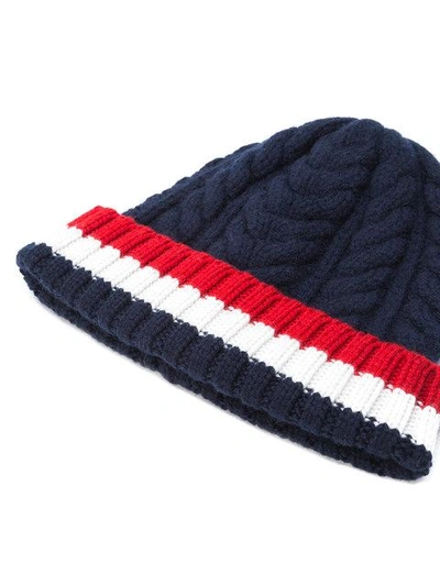 Shop Thom Browne Aran Cable Hat With Red, White And Blue Hem Stripe In Navy Cashmere
