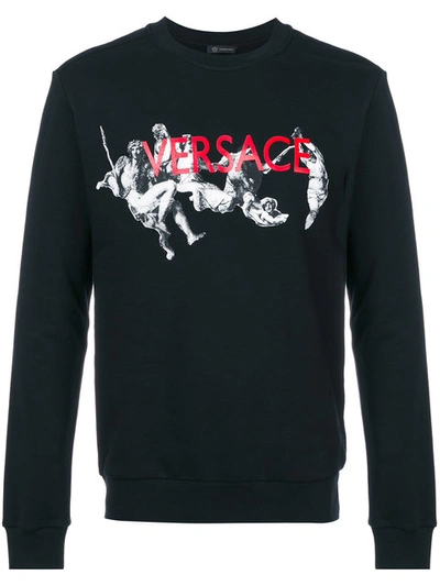 Versace Greek Statutes Printed Cotton Sweatshirt In Black | ModeSens