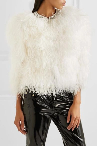 Shop Miu Miu Cropped Crystal-embellished Feather Jacket In White
