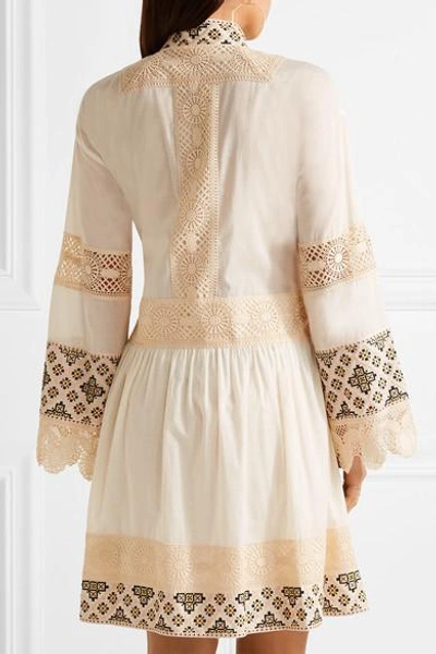Shop Tory Burch Carlotta Lace-trimmed Embroidered Cotton-voile Mini Dress In White