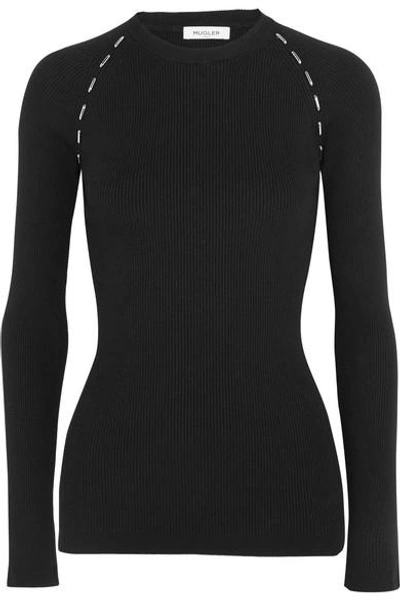 Shop Mugler Embellished Ribbed-knit Sweater