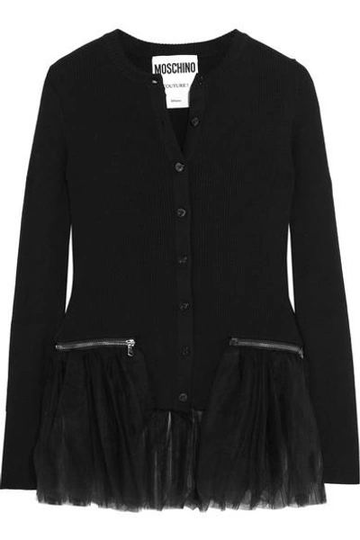 Shop Moschino Tulle-trimmed Ribbed Wool Cardigan