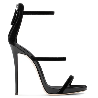 Shop Giuseppe Zanotti - Black Patent Leather Sandal With Black Velvet Three Straps Harmony Velvet