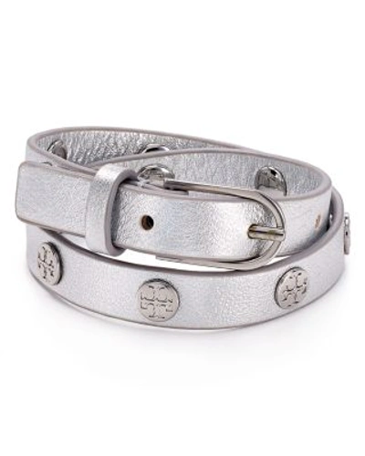Shop Tory Burch Double Wrap Logo Stud Bracelet In Silver