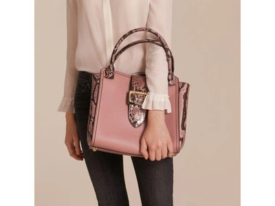 Shop Burberry The Medium Buckle Tote In Grainy Leather And Python In Dusty Pink