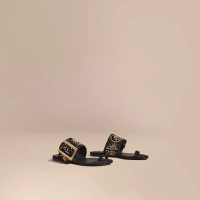 Burberry Studded Suede Sandals With Buckle Detail In Black