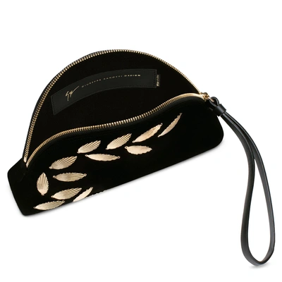 Shop Giuseppe Zanotti - Black Suede Clutch With Gold Leaves Danielle
