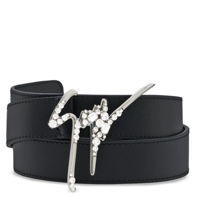 Shop Giuseppe Zanotti - Leather Belt With Metal Signature Giuseppe Sparkle In Black