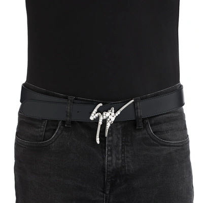 Shop Giuseppe Zanotti - Leather Belt With Metal Signature Giuseppe Sparkle In Black